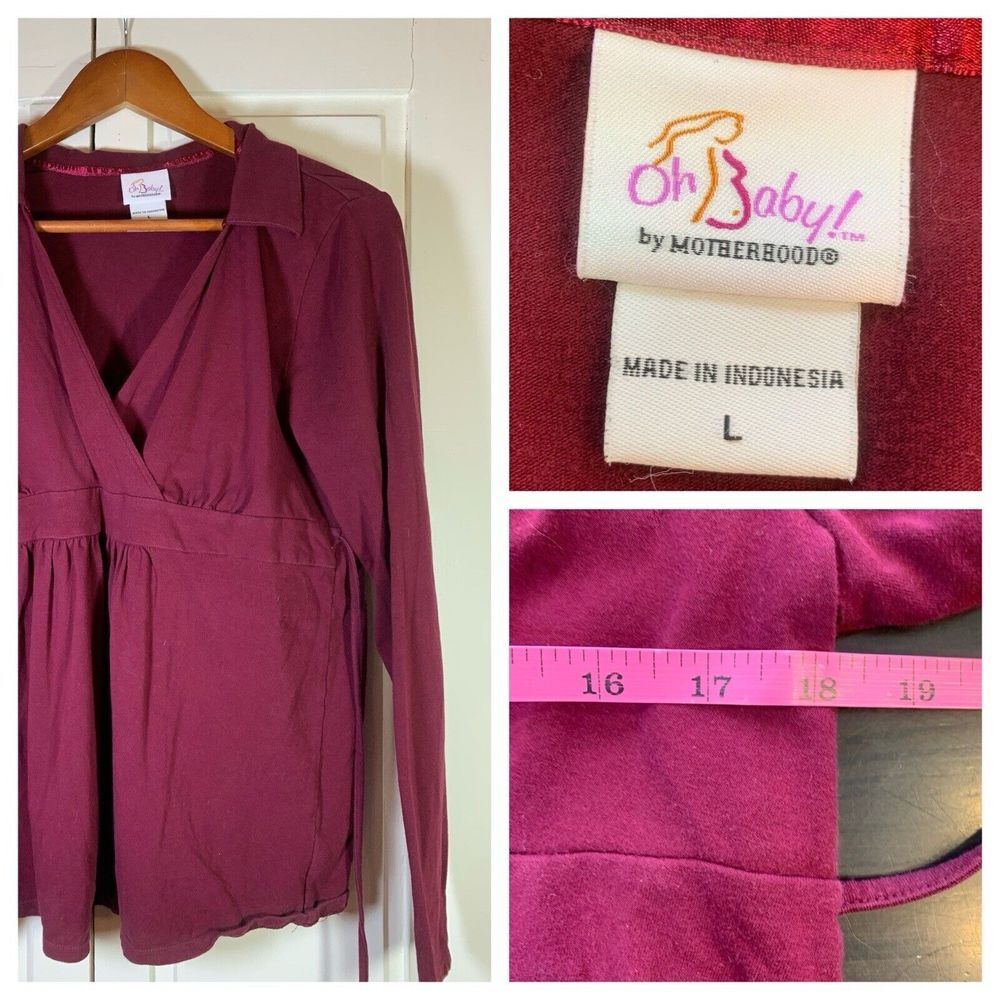 Oh Baby Motherhood Maternity Belted Empire Top Large 3/4 Sleeve V Neck Stretch